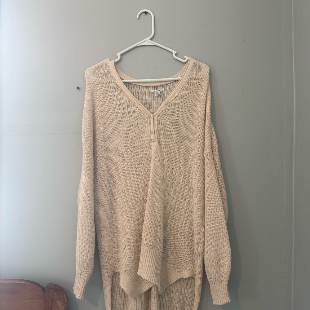 aerie Beige V-Neck Button Front Knit Sweater